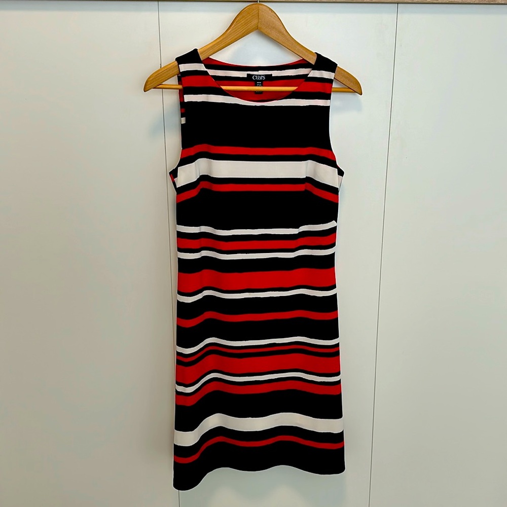 Ladies sleeveless striped shift dress. 
Classic colours red, white & blue.